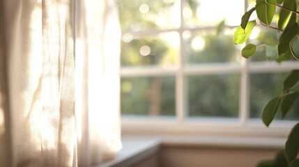 Poster - Sunlit Window with Soft Curtains and Lush Greenery in the Background : Generative AI