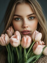 Aufkleber - Charming Portrait of a Young Woman Surrounded by Soft Pink Tulips Exuding Beauty and Grace : Generative AI