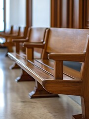 Aufkleber - Elegant Wooden Chairs in a Quiet Setting with Soft Focus on a Peaceful Hallway : Generative AI