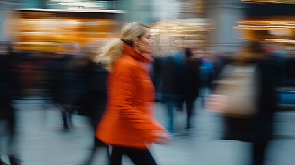 Poster - Dynamic motion blur image of a young woman in red coat walking through a busy city street : Generative AI