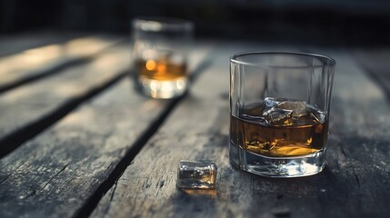 Aufkleber - Elegant whiskey glass with ice cubes against rustic wooden table background showcasing relaxing ambiance : Generative AI