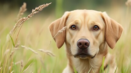 Poster - Beautiful Labrador Retriever Dog Portrait in Vibrant Green Field Captured in Natural Light : Generative AI