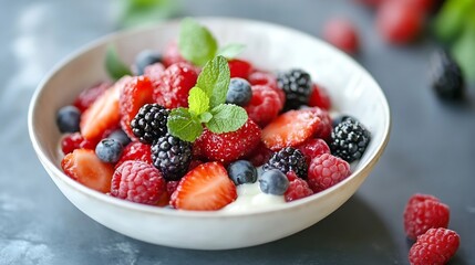 Poster - Vibrant bowl filled with fresh mixed berries and mint for healthy eating and lifestyle concept : Generative AI