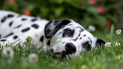 Poster - Playful Dalmatian Dog Resting On Green Grass Surrounded By Flowers : Generative AI