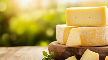 Poster - Freshly Cut Cheese Blocks on a Wooden Board Surrounded by Nature at Sunset : Generative AI