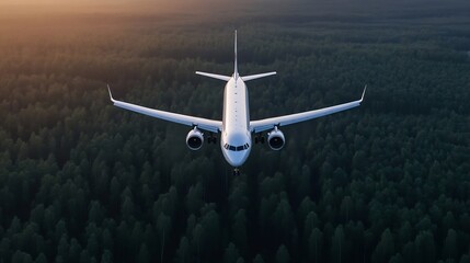 Aufkleber - Airplane Flying Over Lush Green Forest During Golden Hour Captured from Above : Generative AI