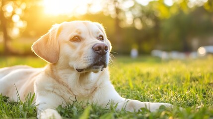 Aufkleber - Beautiful Labrador Dog Relaxing in the Green Grass Under the Sunset Glow : Generative AI