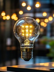 Poster - Vintage light bulb glowing in modern setting illuminating the dark space with beautiful bokeh background : Generative AI