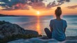 © Generative AI - Serene Woman Enjoying Beautiful Sunset by Ocean Waves on a Peaceful Summer Evening : Generative AI