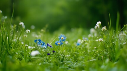 Wall Mural - Vibrant Wildflowers Blooming Amidst Lush Green Grass in a Serene Natural Landscape : Generative AI