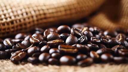 Poster - Freshly roasted coffee beans on a rustic burlap background for coffee lovers and brewers : Generative AI
