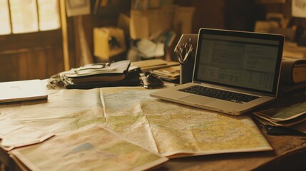 Poster - Travel agency workspace with tour package brochures, maps, and a laptop.