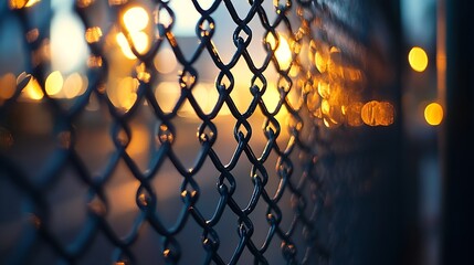 Fototapete - Metal Chain Link Fence Capturing the Glimmering Sunset Reflections and Urban Atmosphere with Soft Bokeh Effects : Generative AI