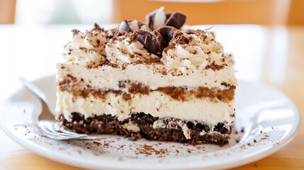 Poster - Delicious Chocolate Cake with Cream and Toppings on White Plate Ready to Indulge : Generative AI