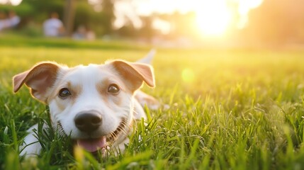 Aufkleber - Happy playful dog lying on grass in a sunny park with a joyful expression and warm sunlight : Generative AI