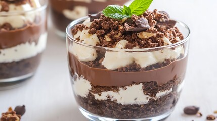 Poster - Delicious Chocolate Dessert Layered with Cream and Topped with Mint : Generative AI