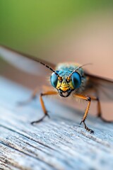 Poster - Macro Photography of a Colorful Insect with Detailed Features on a Wooden Surface : Generative AI