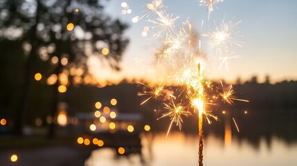 Poster - Sparkling Fireworks Over Calm Water at Sunset Creating Magical Bokeh Effect : Generative AI