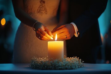 couple lighting unity candle at night ceremony