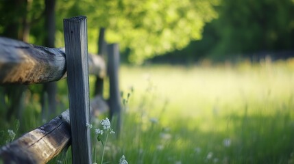 Poster - Rustic wooden fence in tranquil field surrounded by lush green grass and trees inviting a sense of peace : Generative AI