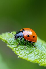 Poster - Macro Shot of a Vibrant Orange Ladybug on a Green Leaf with Soft Focus Background : Generative AI