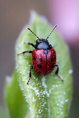 Aufkleber - Close up of vibrant red ladybug perched on a green leaf revealing intricate details : Generative AI