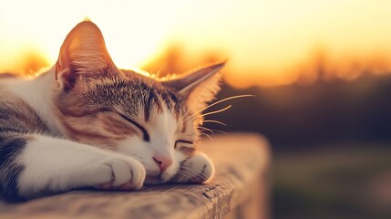Poster - Sleepy Cat Relaxing in Golden Sunset Light with Soft Fur and Peaceful Expression : Generative AI