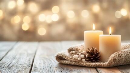 Poster - Serene lit candles on rustic wooden surface with festive bokeh background evoking warmth and tranquility : Generative AI