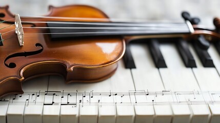 Poster - Close-Up of a Beautiful Wooden Violin on Piano Keys with Musical Notes : Generative AI