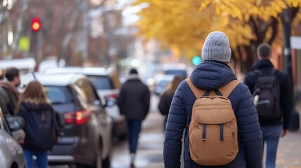 Poster - Man Walking Through Autumn Street with Backpack and Traffic : Generative AI