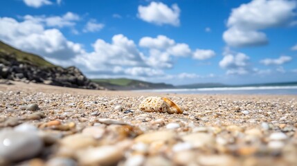 Poster - Scenic Beach with Calm Ocean and Dramatic Clouds Captured During Daylight : Generative AI