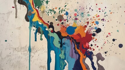Aufkleber - A striking abstract painting featuring dynamic splashes of multicolored paint on a white background. The fluid composition conveys movement, energy, and creativity. AI generated.