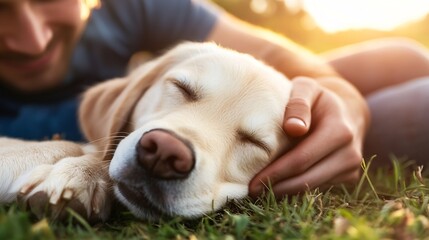 Poster - Outdoor Dog Owner Moment With A Sleeping Dog In The Sunshine : Generative AI