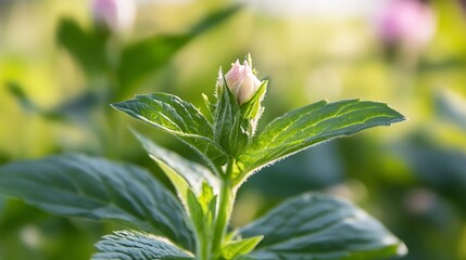Poster - Fresh budding flower with green leaves glowing softly in natural morning light : Generative AI