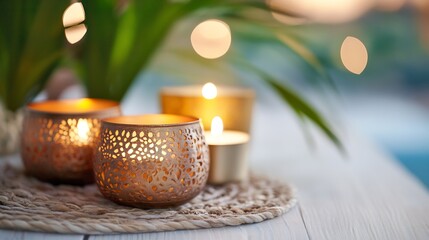 Poster - Relaxing ambiance with lit candles and decorative lanterns for a cozy setting : Generative AI