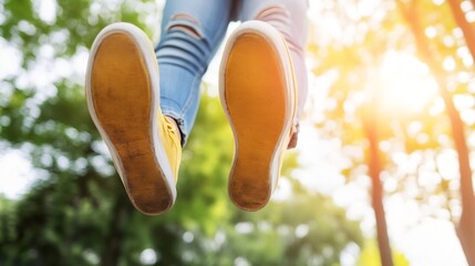 Aufkleber - Energetic Young Person Jumping in Air with Sneakers in Vibrant Forest Setting : Generative AI