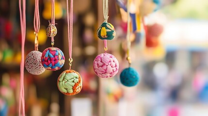 Poster - Colorful Handcrafted Decorative Balls Hanging in Artisan Market Display for Home Decor : Generative AI