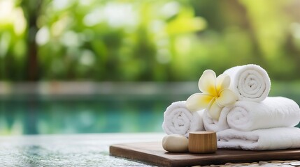 Poster - Luxurious Spa Setting with Rolled Towels and Tropical Decor for Relaxation : Generative AI
