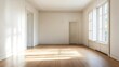 © Generative AI - Bright and Spacious Minimalist Room with Large Windows and Natural Light Streaming In : Generative AI