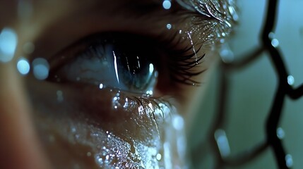 Aufkleber - Close up of a human eye with water drops and a mesh in the background revealing intense emotions : Generative AI