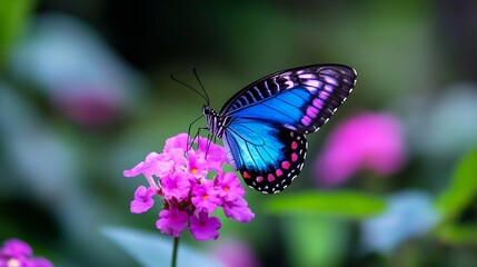 Poster - Vibrant Blue Butterfly Perched on a Pink Flower Creating a Stunning Contrast in a Lush Garden Setting : Generative AI