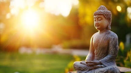 Poster - Serene Buddha Statue with Soft Sunlight Glowing in a Beautiful Garden : Generative AI
