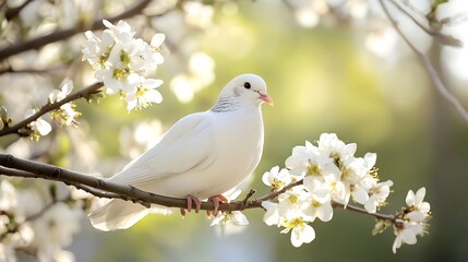 Aufkleber - Beautiful white dove perched on a branch with blooming flowers in a vibrant spring garden : Generative AI
