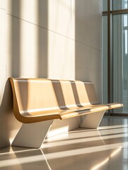 Poster - modern minimalist wooden bench in bright sunlight creating soft shadows : generative ai