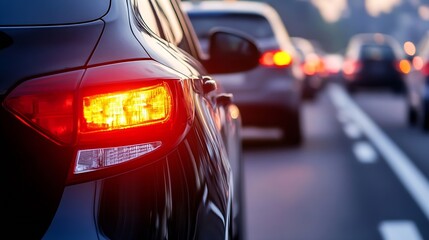 Poster - Traffic jam on a busy city road as cars line up in evening rush hour : Generative AI