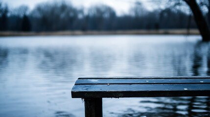 Aufkleber - Serene wooden platform overlooking a tranquil lake with calm waters and a muted color palette : Generative AI