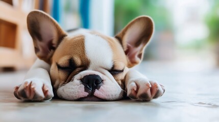 Aufkleber - Adorable sleeping French Bulldog puppy resting peacefully on a floor in a cozy home setting : Generative AI