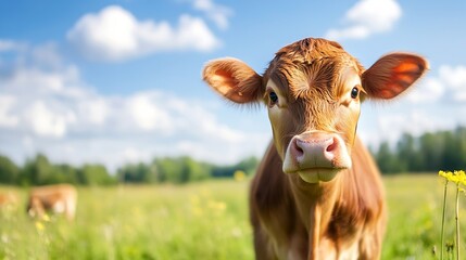 Poster - Curious Brown Calf Grazing in a Sunny Green Field on a Beautiful Day : Generative AI