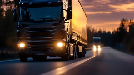 Poster - Heavy Duty Truck at Dusk on Open Road with Headlights Illuminating the Path Ahead : Generative AI