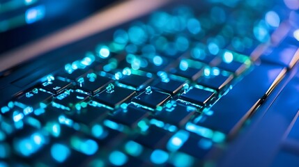 Fototapete - Close Up of a Modern Computer Keyboard with Vibrant Blue Backlighting : Generative AI
